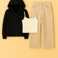 Zipper Hoodie With Inner & Beige Wide Leg Jeans