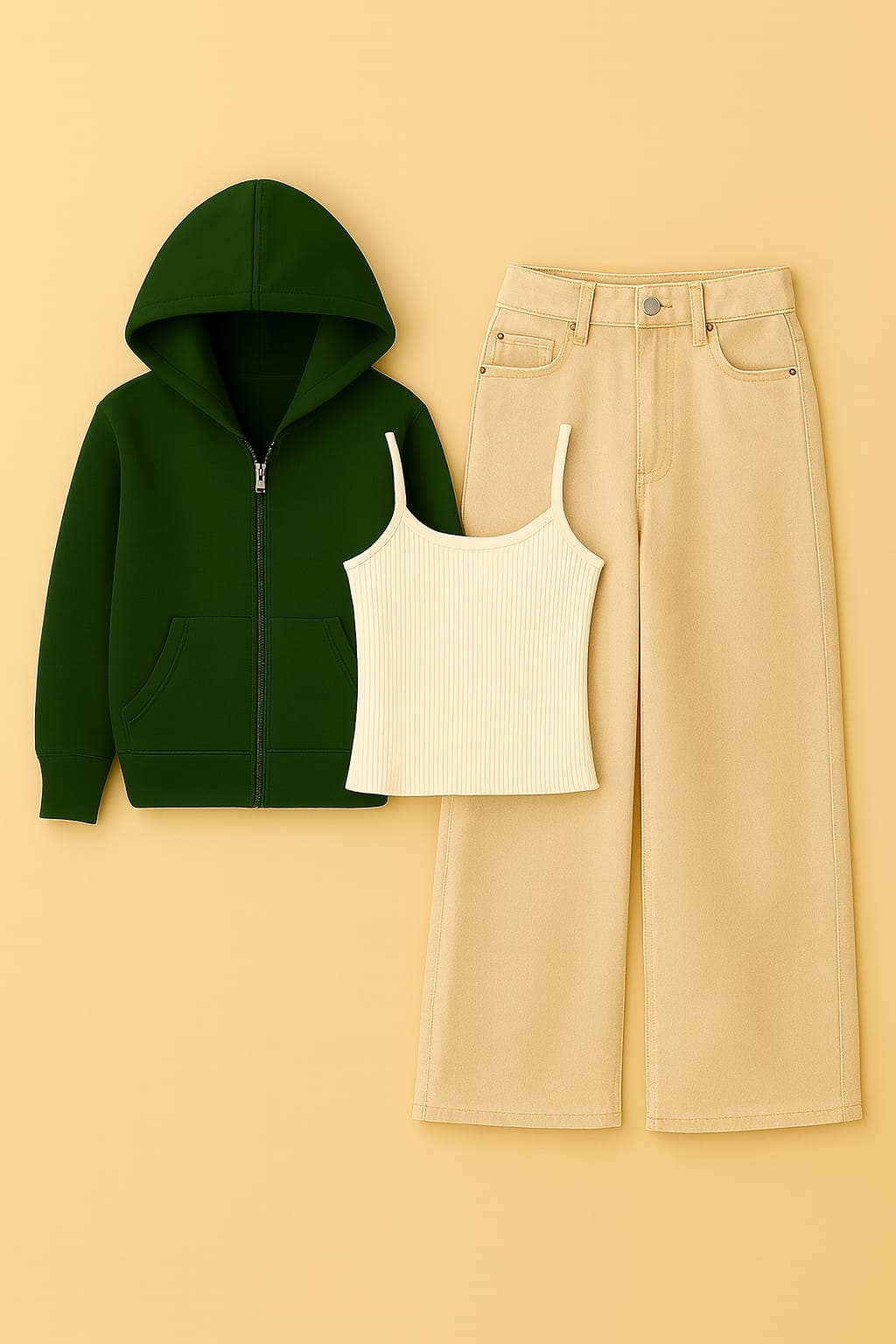 Zipper Hoodie With Inner & Beige Wide Leg Jeans