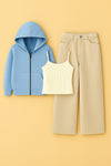 Zipper Hoodie With Inner & Beige Wide Leg Jeans
