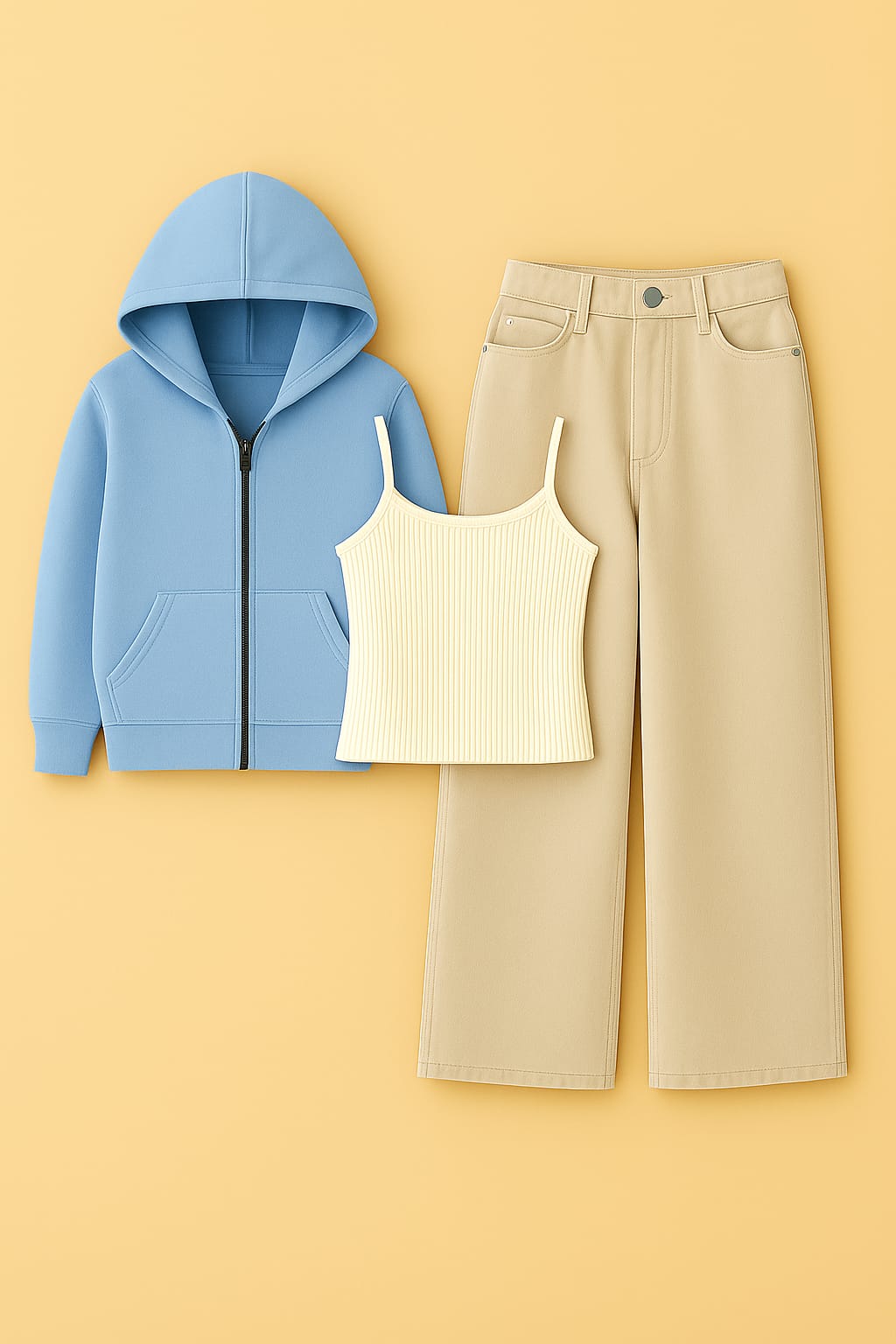 Zipper Hoodie With Inner & Beige Wide Leg Jeans