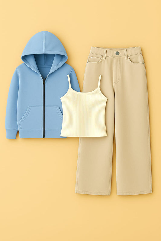 Zipper Hoodie With Inner & Beige Wide Leg Jeans