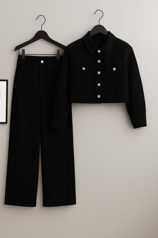 Black Denim Jacket With Black Wide Leg Jeans