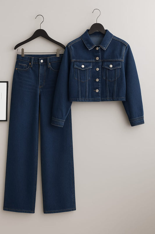 Blue Denim Jacket With Blue Wide Leg Jeans