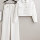 White Denim Jacket With White Wide Leg Jeans