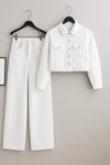 White Denim Jacket With White Wide Leg Jeans