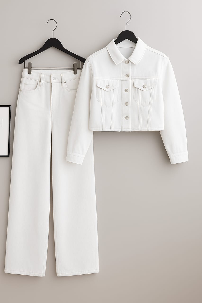 White Denim Jacket With White Wide Leg Jeans
