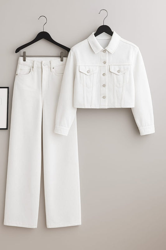 White Denim Jacket With White Wide Leg Jeans