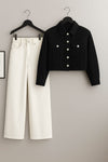 Black Denim Jacket With White Wide Leg Jeans