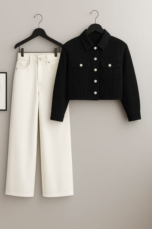 Black Denim Jacket With White Wide Leg Jeans