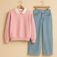 Collared Sweatshirt With IceBlue Wide Leg Jeans