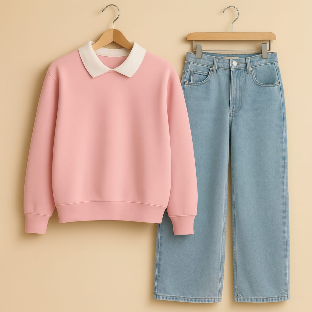 Collared Sweatshirt With IceBlue Wide Leg Jeans