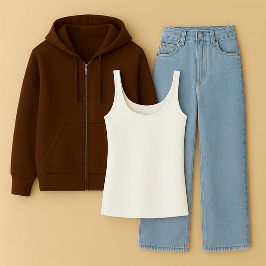 Zipper Hoodie With Inner & Ice Blue Wide Leg Jeans