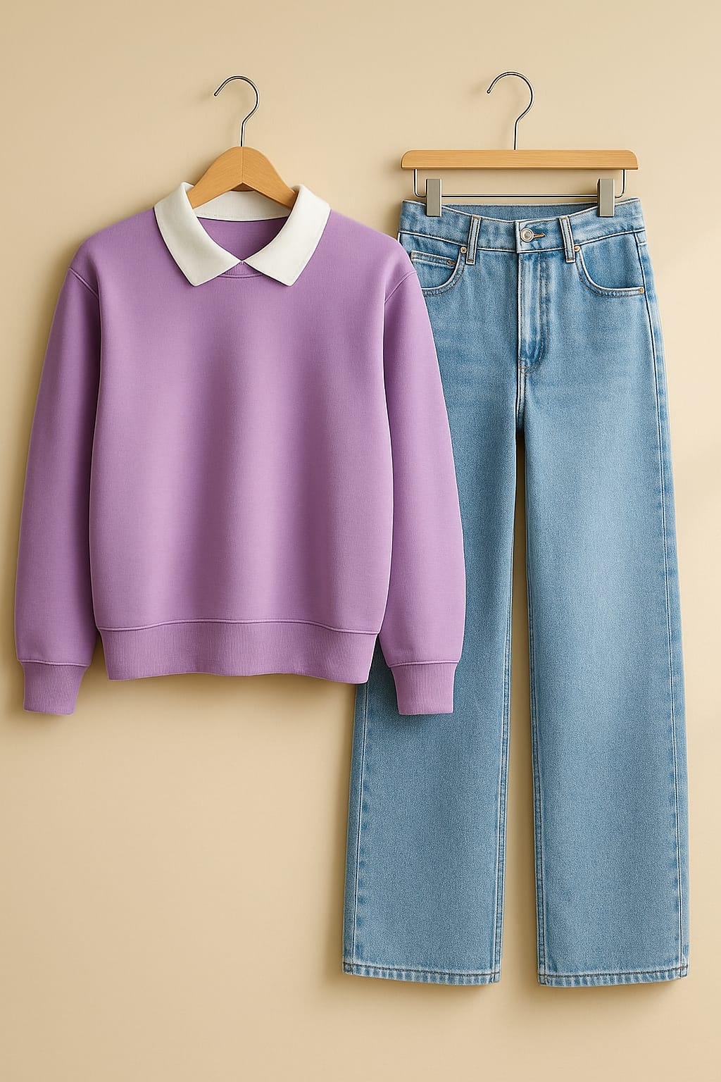 Collared Sweatshirt With IceBlue Wide Leg Jeans