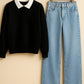 Collared Sweatshirt With IceBlue Wide Leg Jeans