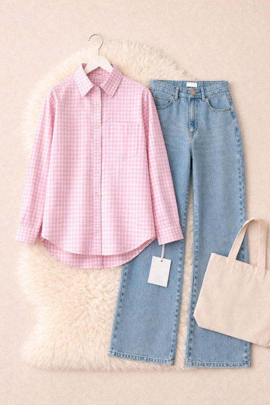 PINK CHECK BUTTON DOWN WITH ICEBLUE WIDE LEG JEANS