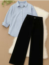 BLUE LINING BUTTON DOWN WITH BLACK WIDE LEG JEANS