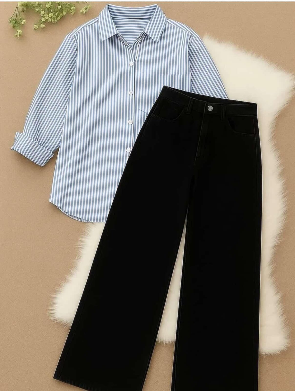 BLUE LINING BUTTON DOWN WITH BLACK WIDE LEG JEANS