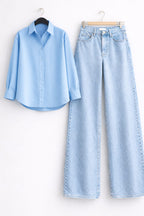 Sky-Blue Button Down Shirt & Ice-Blue Wide Leg Jeans