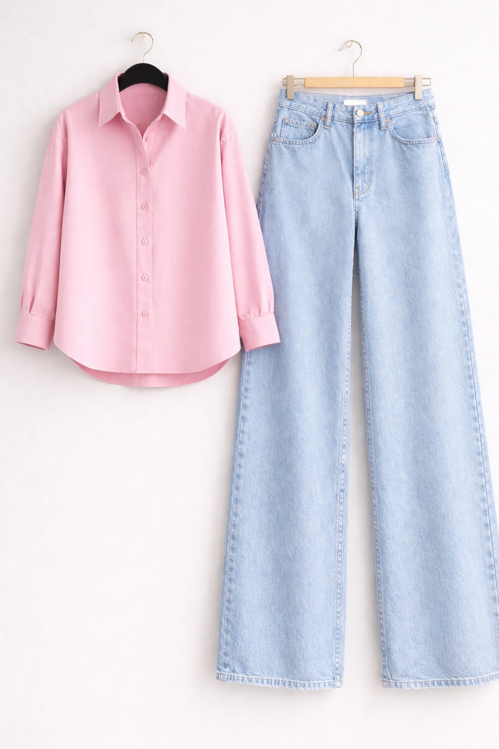 Baby-Pink Button Down Shirt & Ice-Blue Wide Leg Jeans