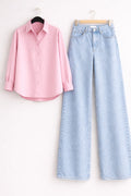 Baby-Pink Button Down Shirt & Ice-Blue Wide Leg Jeans