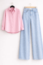 Baby-Pink Button Down Shirt & Ice-Blue Wide Leg Jeans