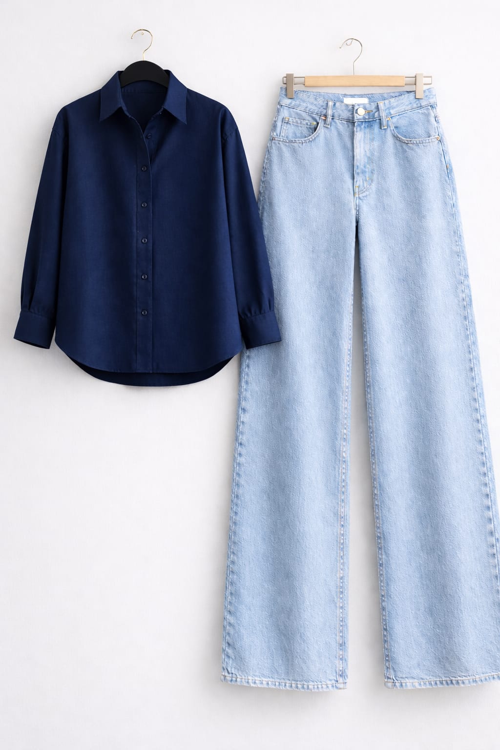Navy-Blue Button Down Shirt & Ice-Blue Wide Leg Jeans
