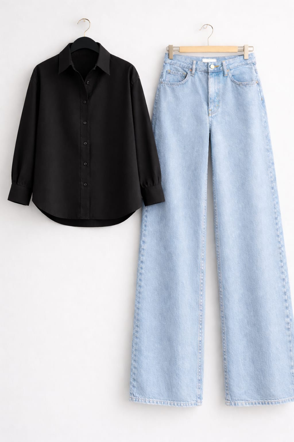 Black Button Down Shirt & Ice-Blue Wide Leg Jeans