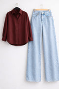 Maroon Button Down Shirt & Ice-Blue Wide Leg Jeans