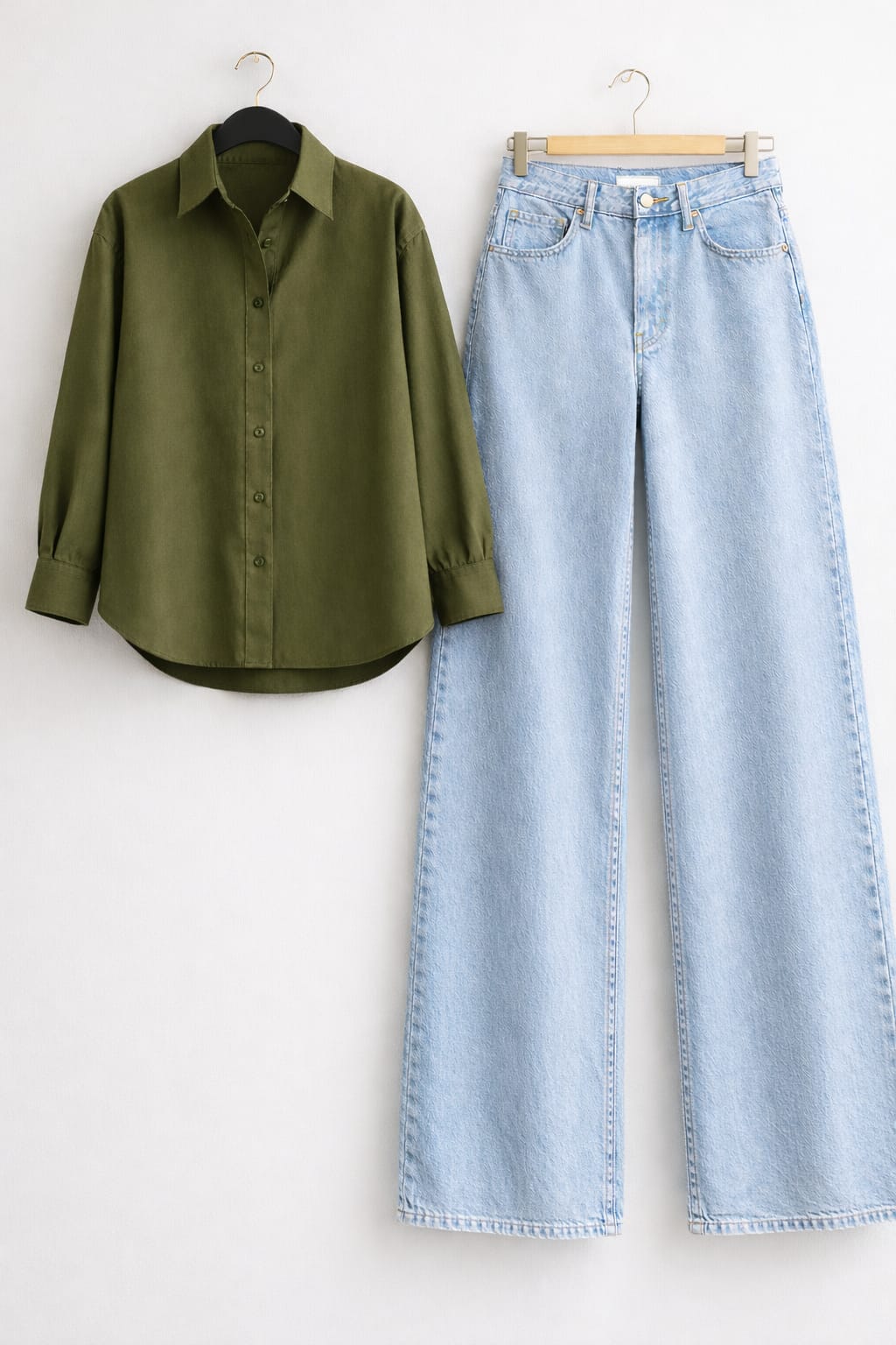 Olive-Green Button Down Shirt & Ice-Blue Wide Leg Jeans