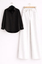 Black Button Down Shirt & White Wide Leg Jeans