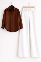 Brown Button Down Shirt & White Wide Leg Jeans