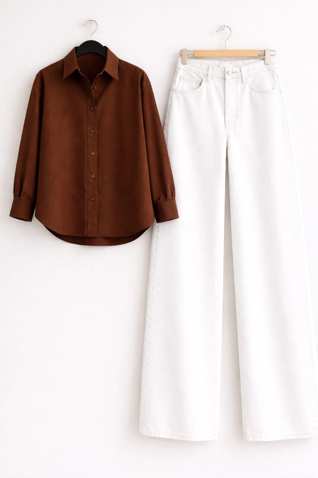 Brown Button Down Shirt & White Wide Leg Jeans