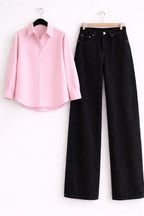 Baby-Pink Button Down Shirt & Black Wide Leg Jeans