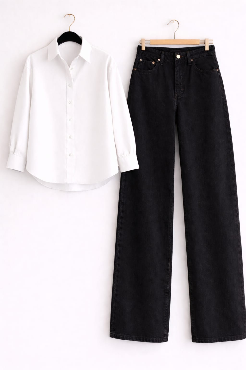 White Button Down Shirt & Black Wide Leg Jeans