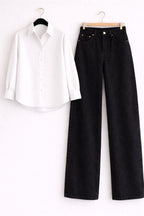 White Button Down Shirt & Black Wide Leg Jeans