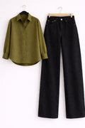 Olive-Green Button Down Shirt & Black Wide Leg Jeans