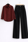 Maroon Button Down Shirt & Black Wide Leg Jeans