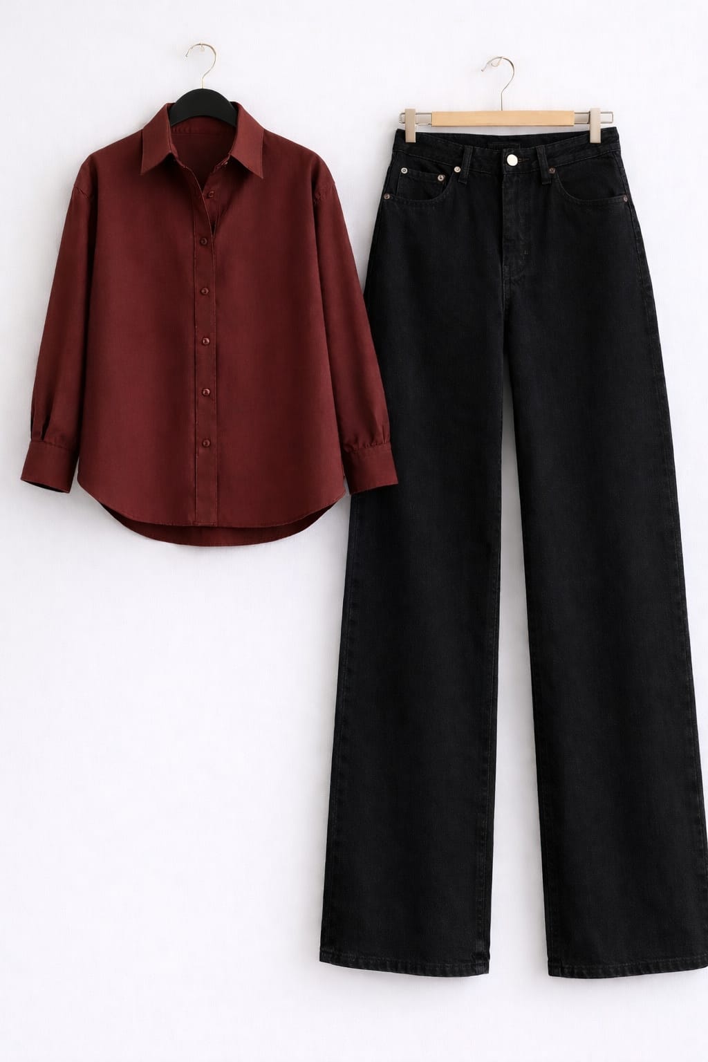 Maroon Button Down Shirt & Black Wide Leg Jeans