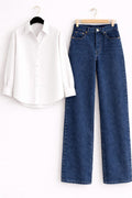 White Button Down Shirt & Dark-Blue Wide Leg Jeans