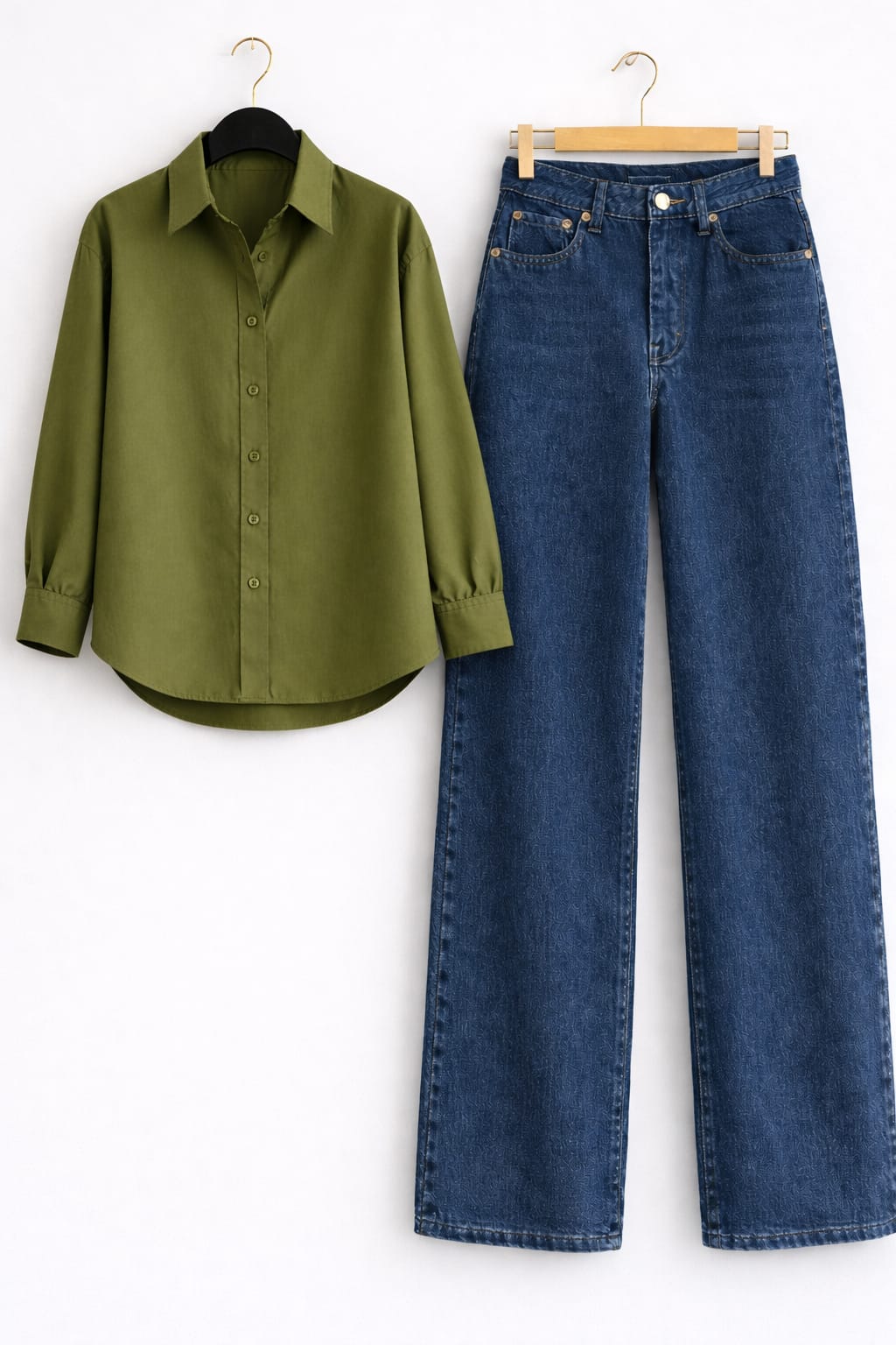 Olive-Green Button Down Shirt & Dark-Blue Wide Leg Jeans