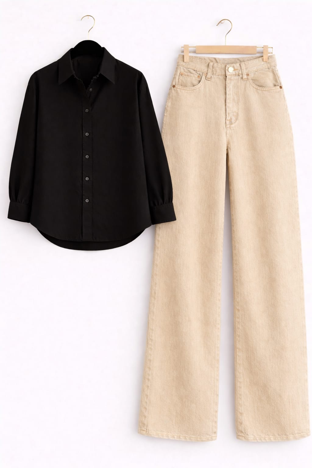 Black Button Down Shirt & Beige Wide Leg Jeans
