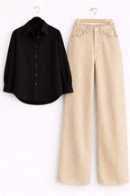 Black Button Down Shirt & Beige Wide Leg Jeans