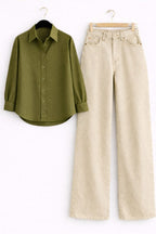 Olive-Green Button Down Shirt & Beige Wide Leg Jeans