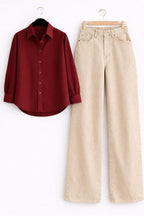 Maroon Button Down Shirt & Beige Wide Leg Jeans