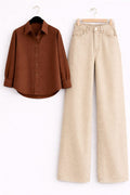 Brown Button Down Shirt & Beige Wide Leg Jeans