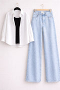 White Button Down Shirt With Black Inner & Ice-Blue Wide Legs Jeans