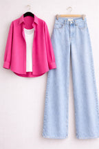 Hot-Pink Button Down Shirt with Inner & Ice-Blue Wide Legs Jeans