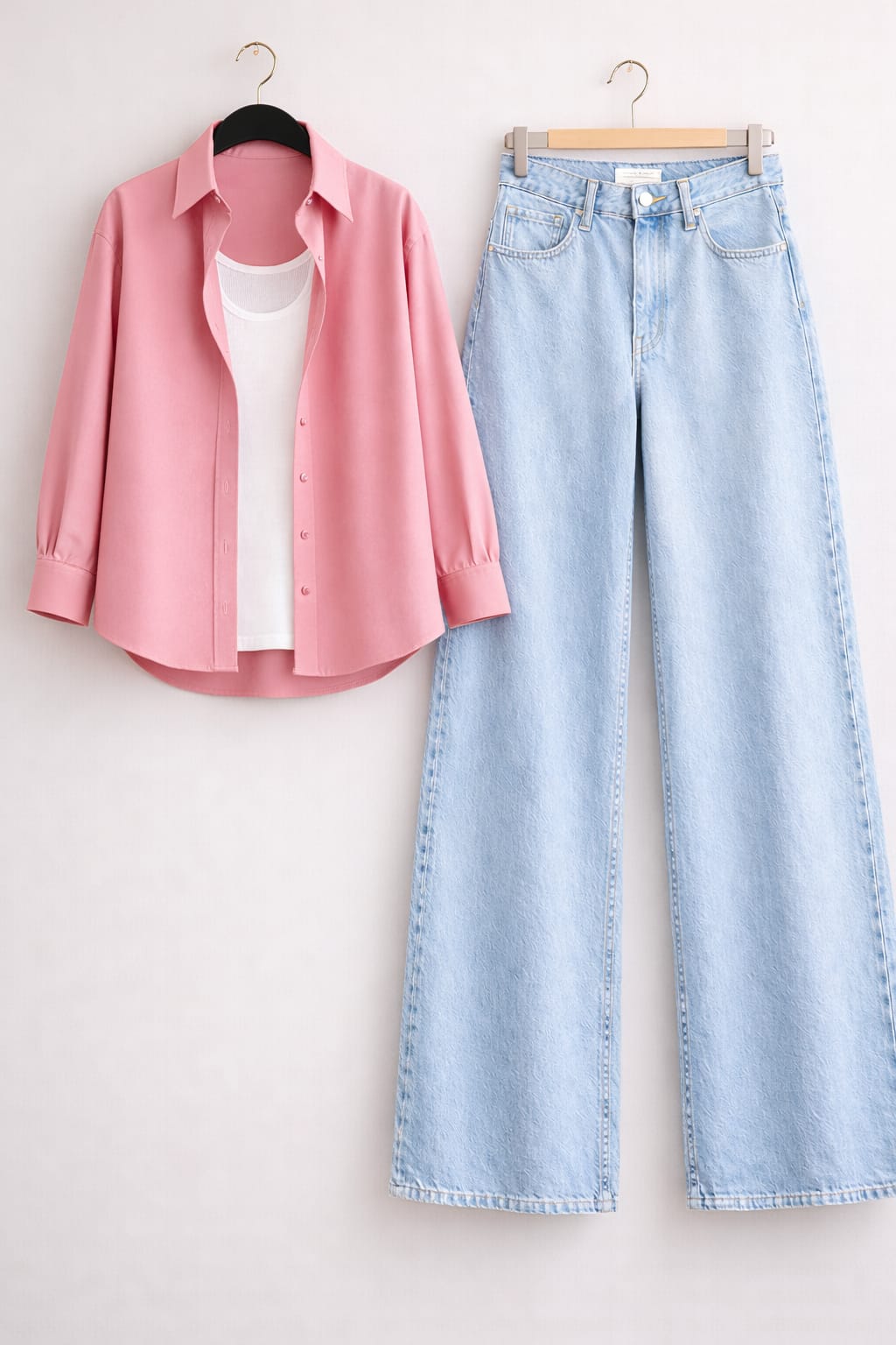 Baby-Pink Button Down Shirt with Inner & Ice-Blue Wide Legs Jeans