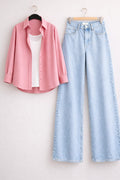 Baby-Pink Button Down Shirt with Inner & Ice-Blue Wide Legs Jeans