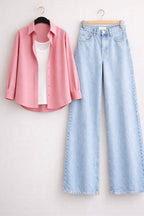 Baby-Pink Button Down Shirt with Inner & Ice-Blue Wide Legs Jeans